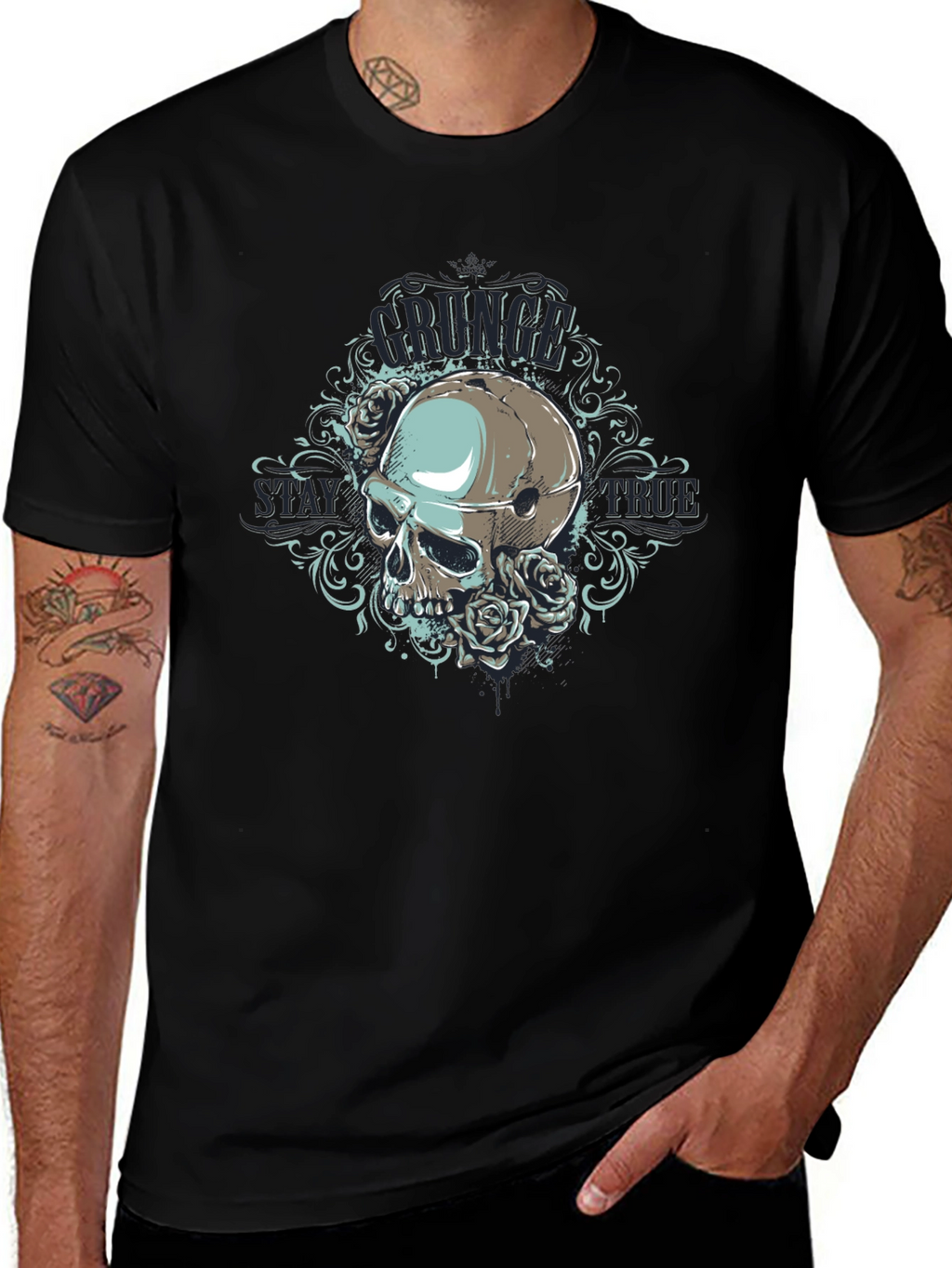Grunge Skull Rose Graphic Black T-Shirt