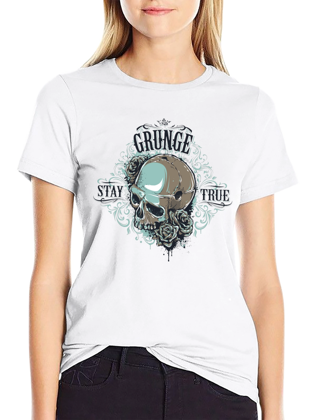 Grunge Skull Rose Graphic Black T-Shirt