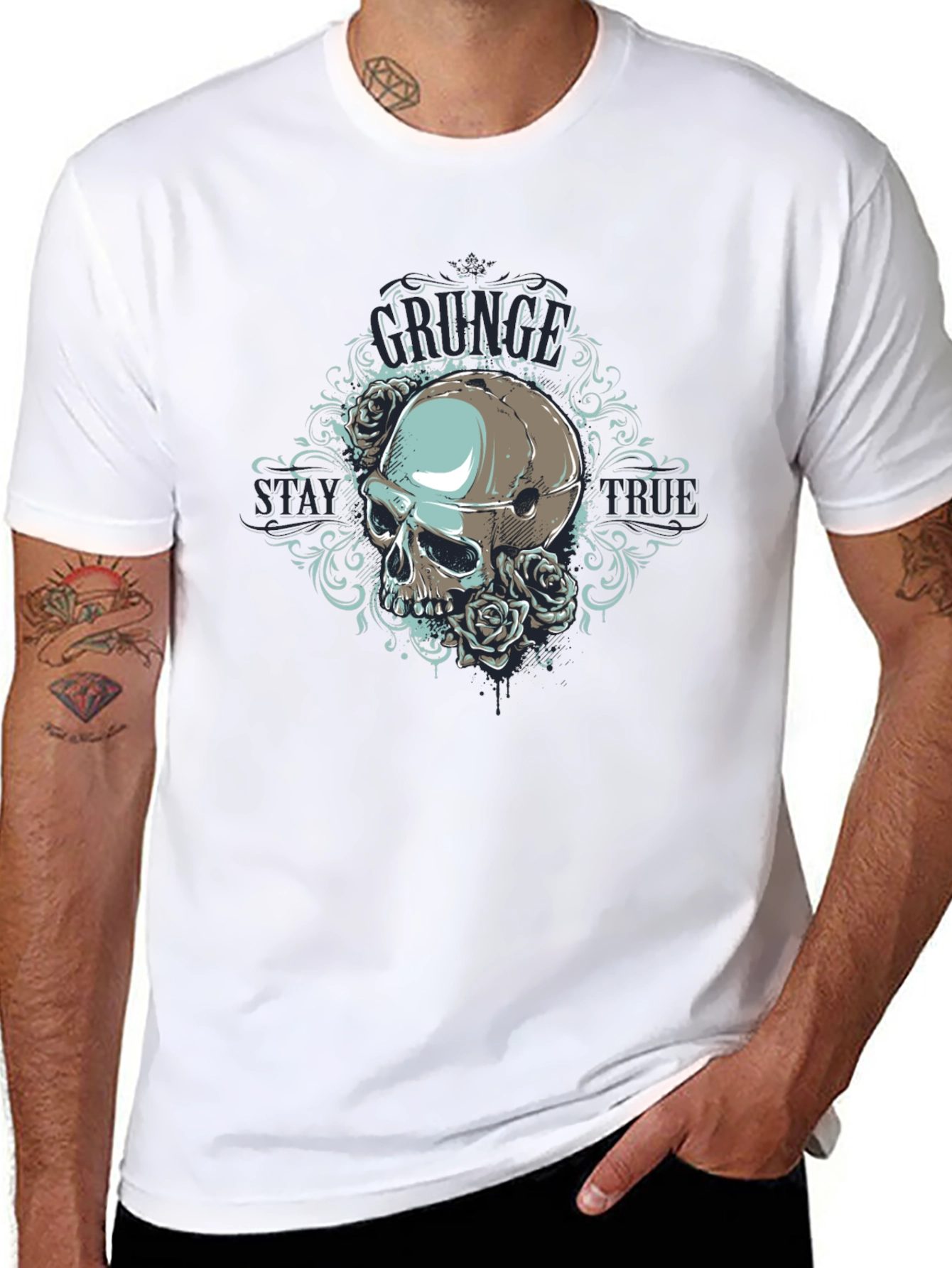 Grunge Skull Rose Graphic Black T-Shirt