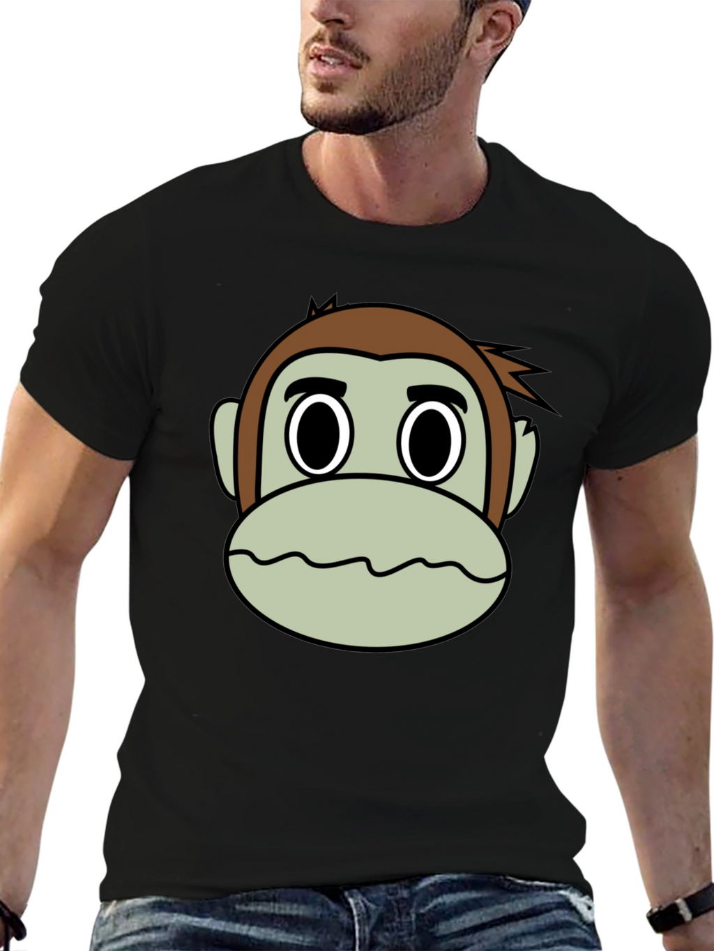 Cartoon Monkey Face Black T-Shirt