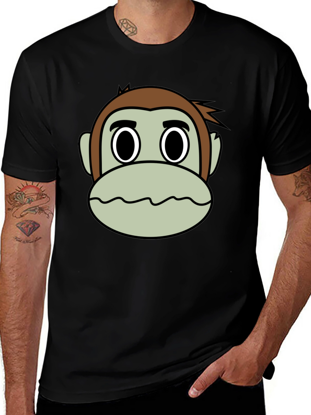 Cartoon Monkey Face Black T-Shirt