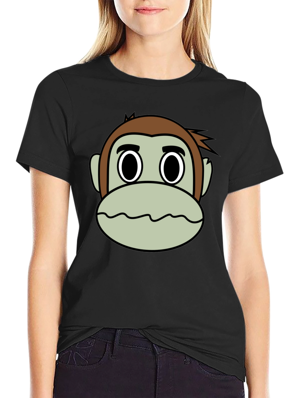 Cartoon Monkey Face Black T-Shirt
