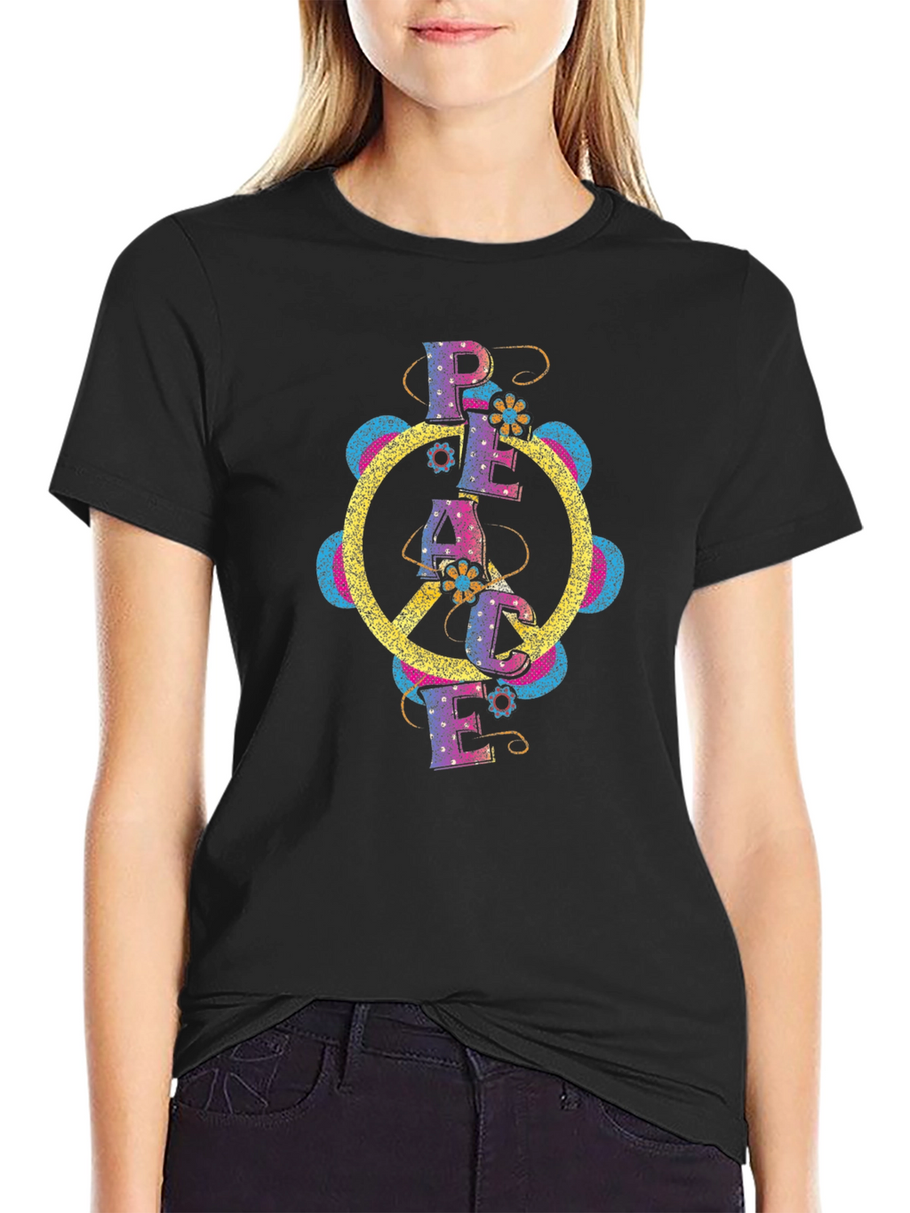 Peace Sign Retro Graphic Tee - Black Cotton T-Shirt
