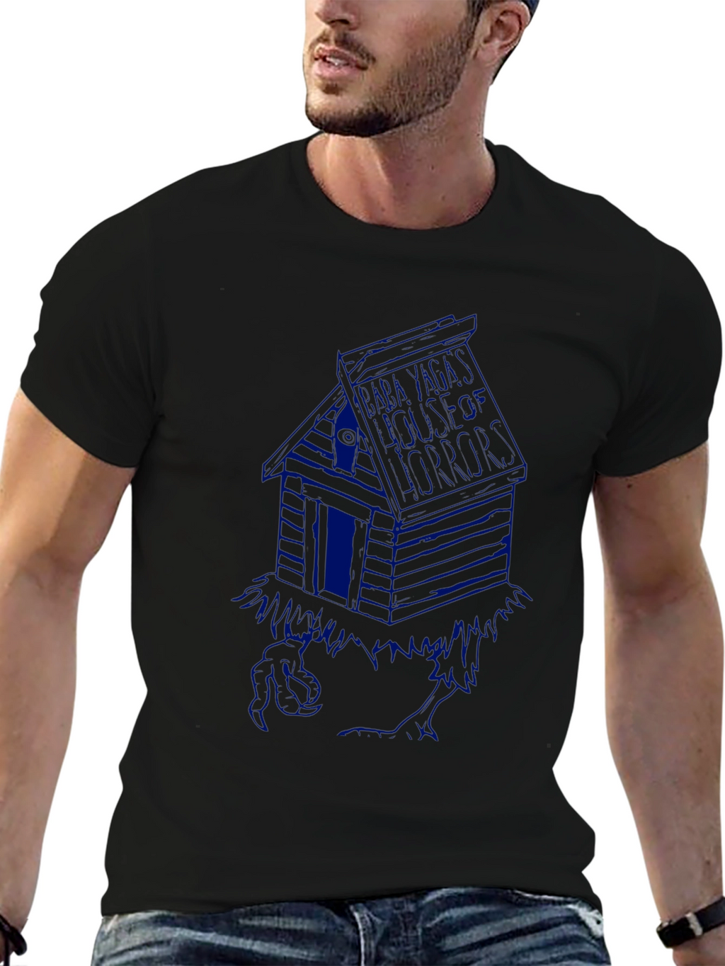 Black T-Shirt with Blue Cabin Graphic