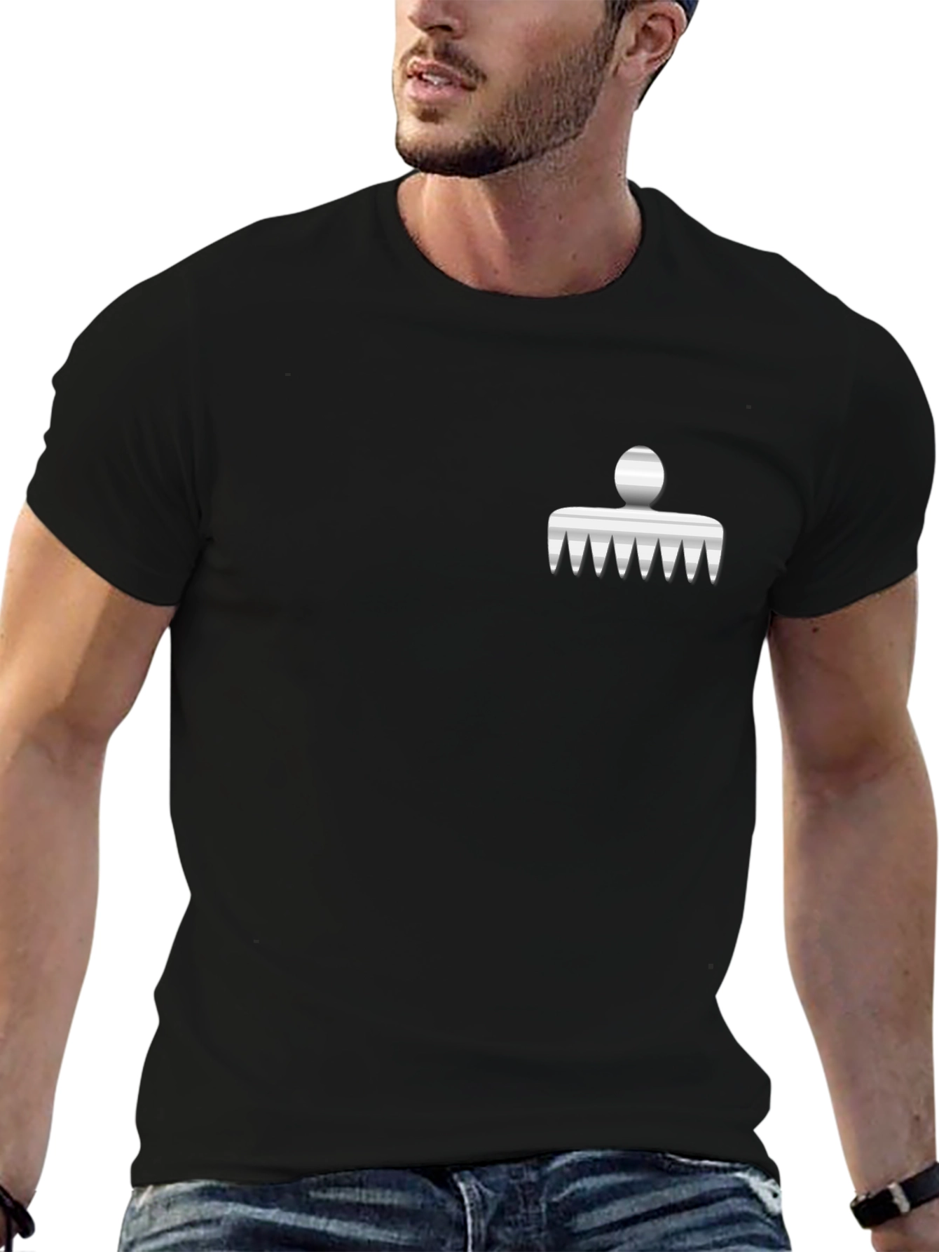 Mens Black Graphic Tee with Comb Design