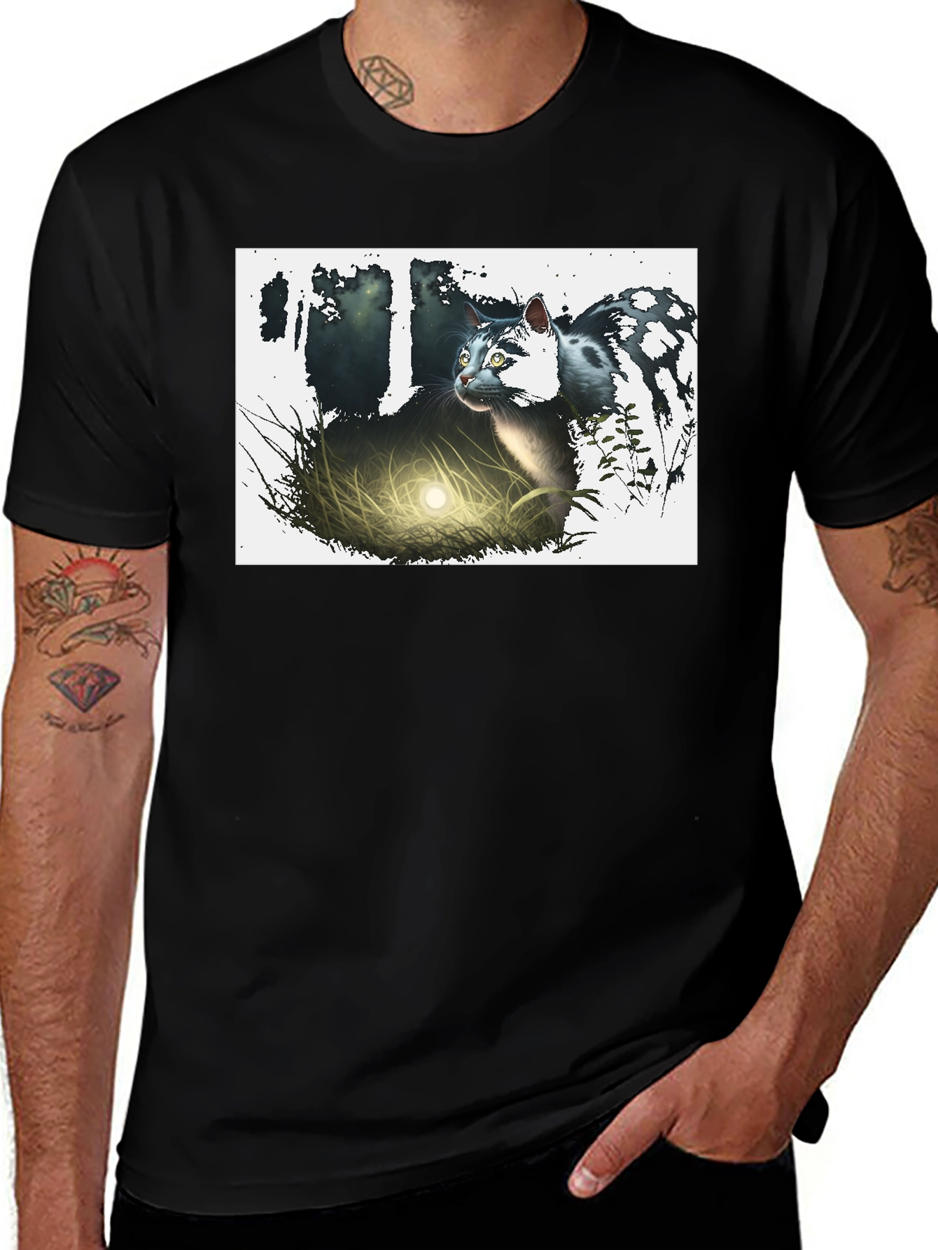 Mystic Cat Graphic Tee - Black Cotton T-Shirt