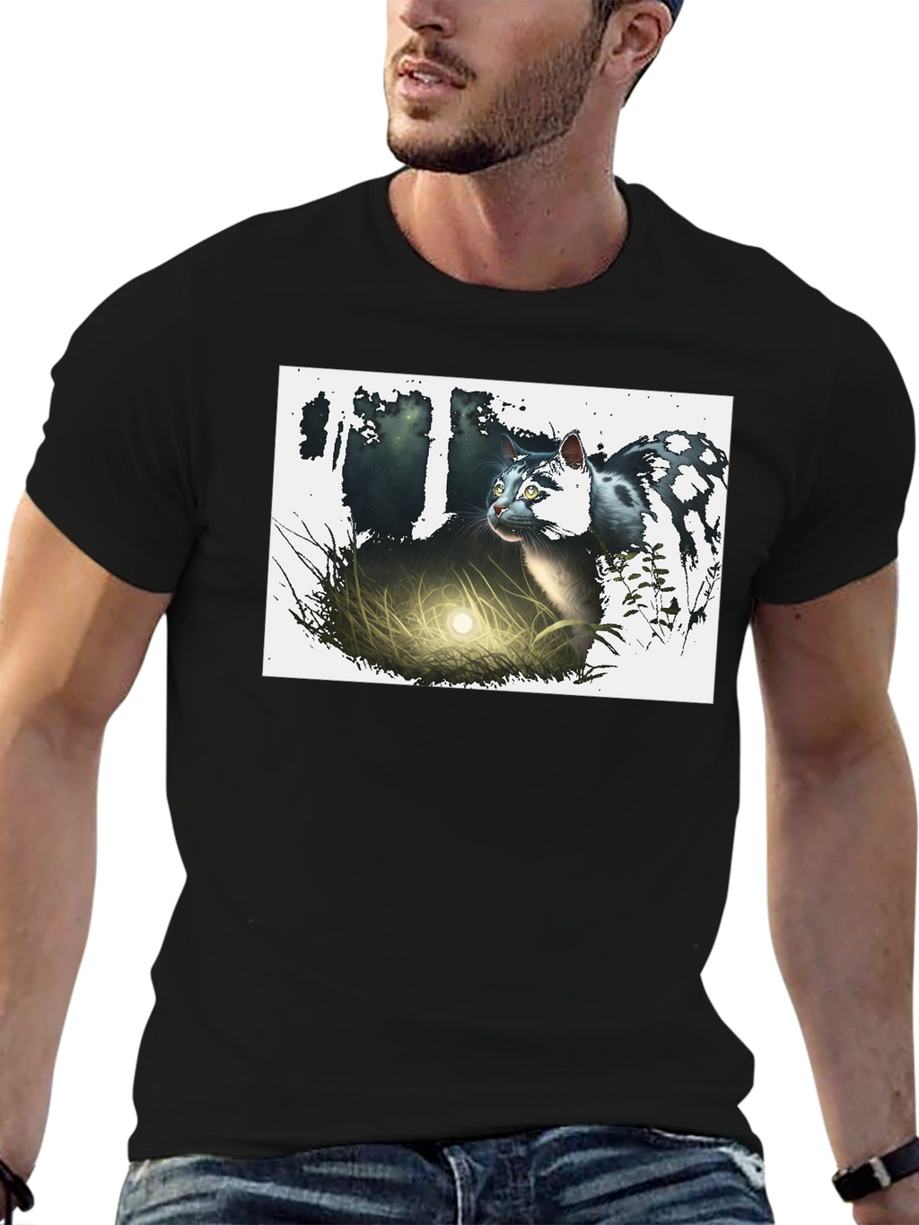 Mystic Cat Graphic Tee - Black Cotton T-Shirt