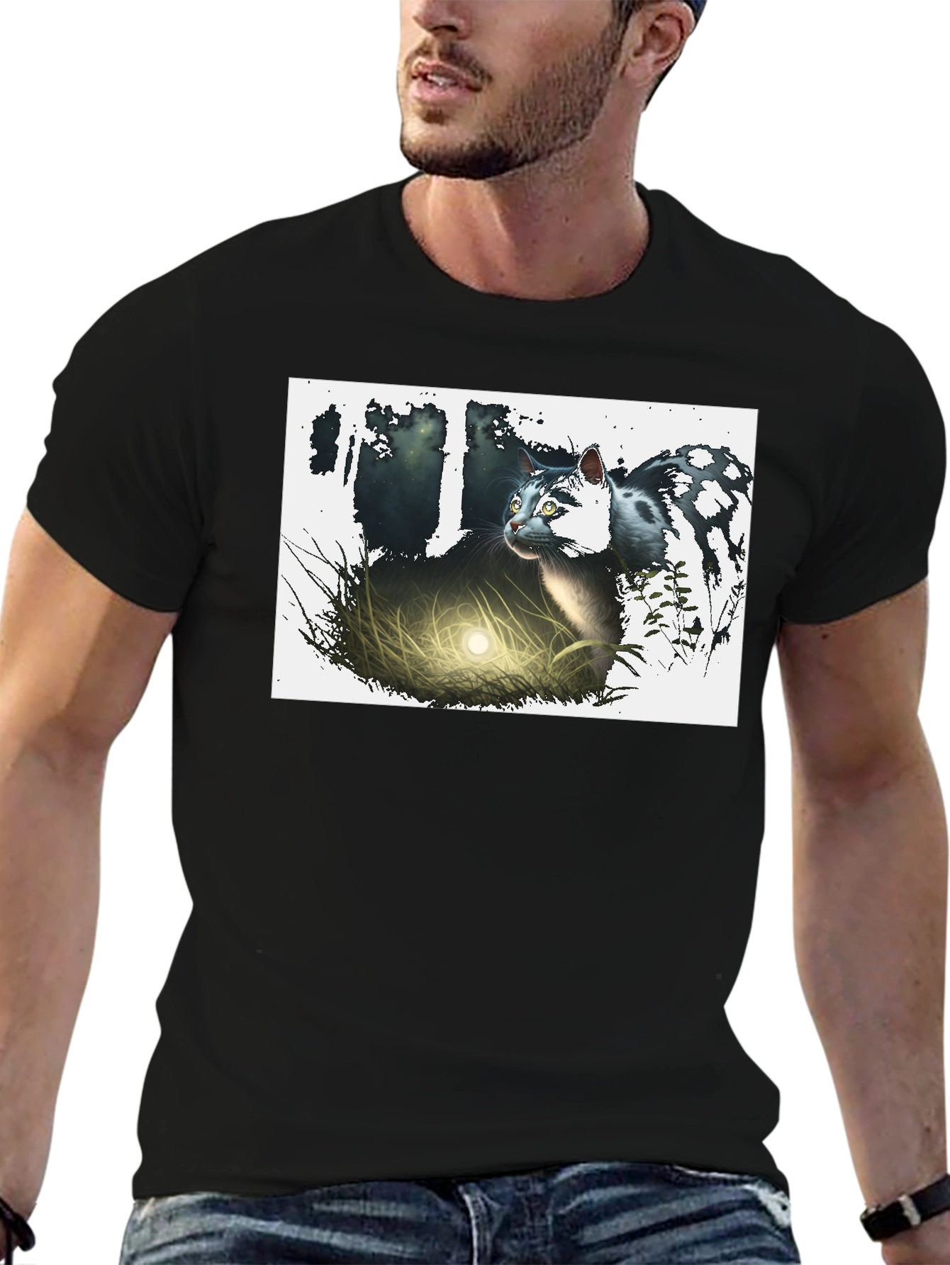 Mystic Cat Graphic Tee - Black Cotton T-Shirt