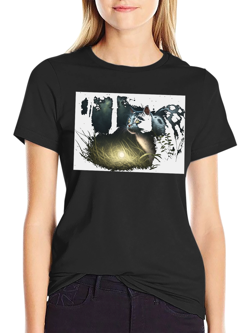 Mystic Cat Graphic Tee - Black Cotton T-Shirt