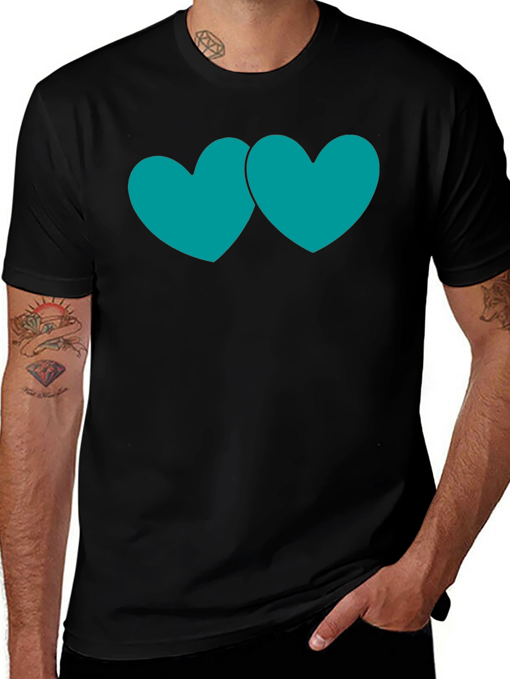 Black T-Shirt with Teal Double Heart Graphic