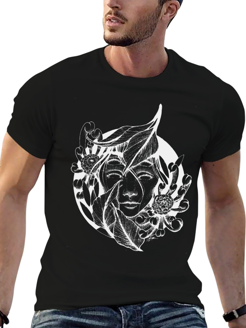 Black T-Shirt with Abstract Floral Face Design