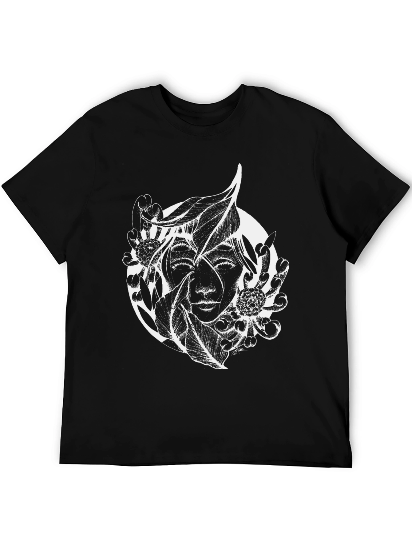 Black T-Shirt with Abstract Floral Face Design