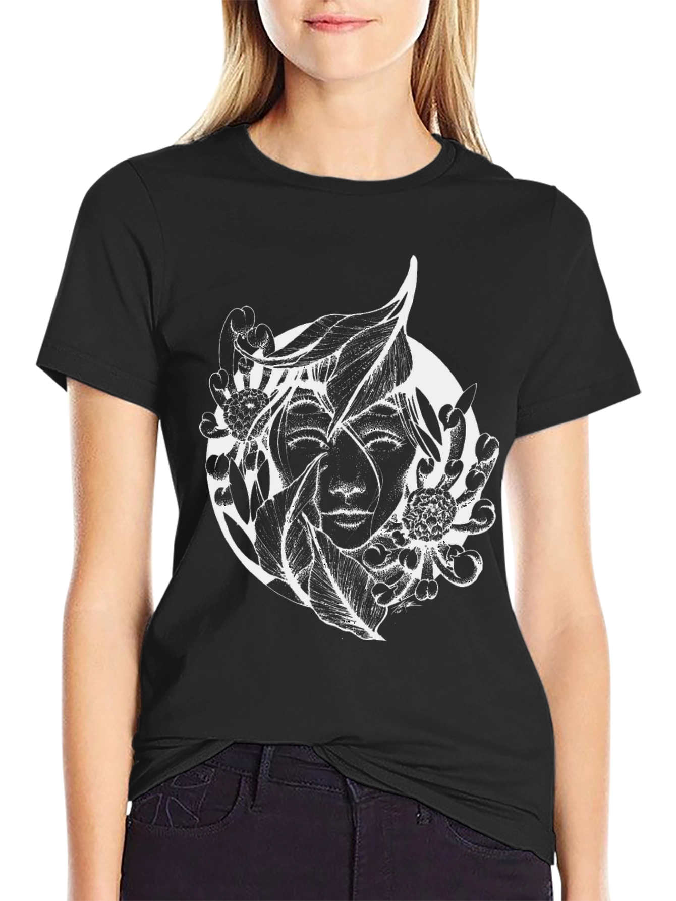 Black T-Shirt with Abstract Floral Face Design