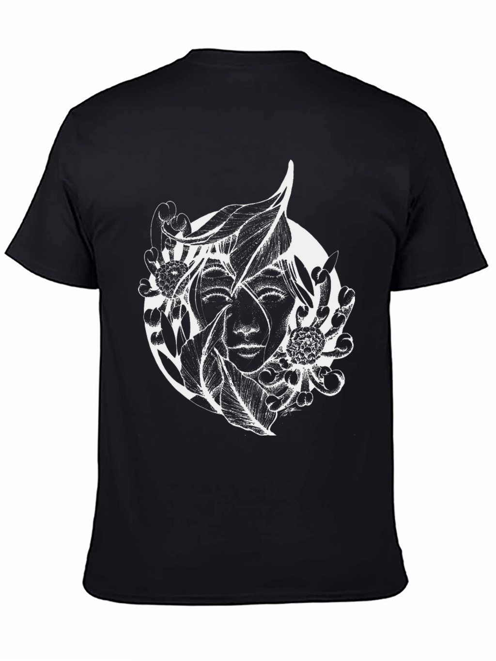 Black T-Shirt with Abstract Floral Face Design