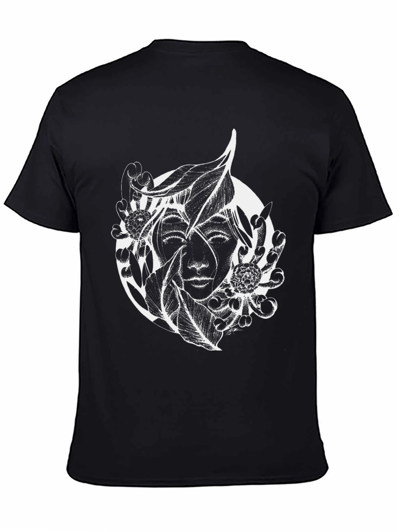 Black T-Shirt with Abstract Floral Face Design