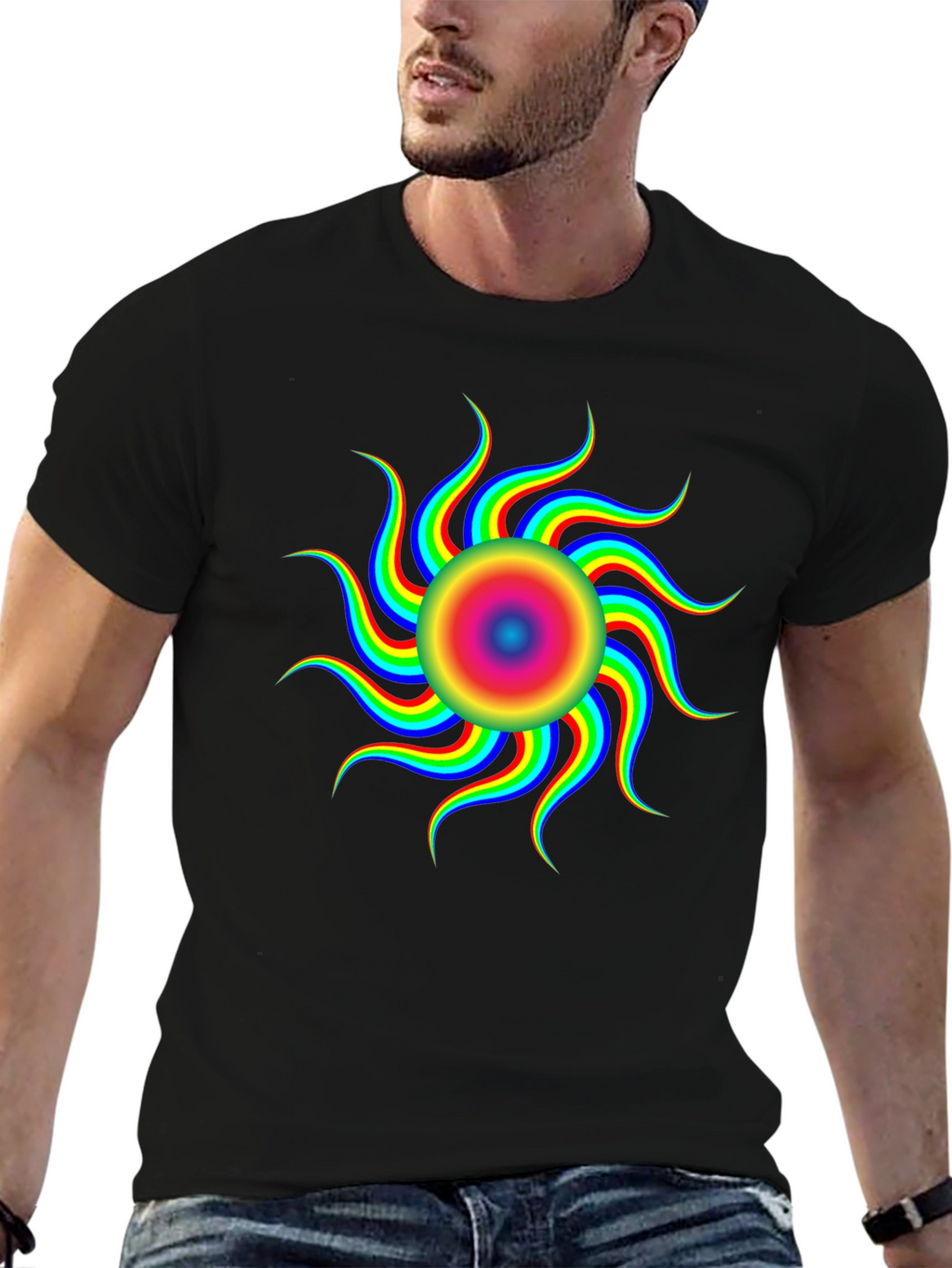 Optical Illusion Rainbow Sun T-Shirt - Black