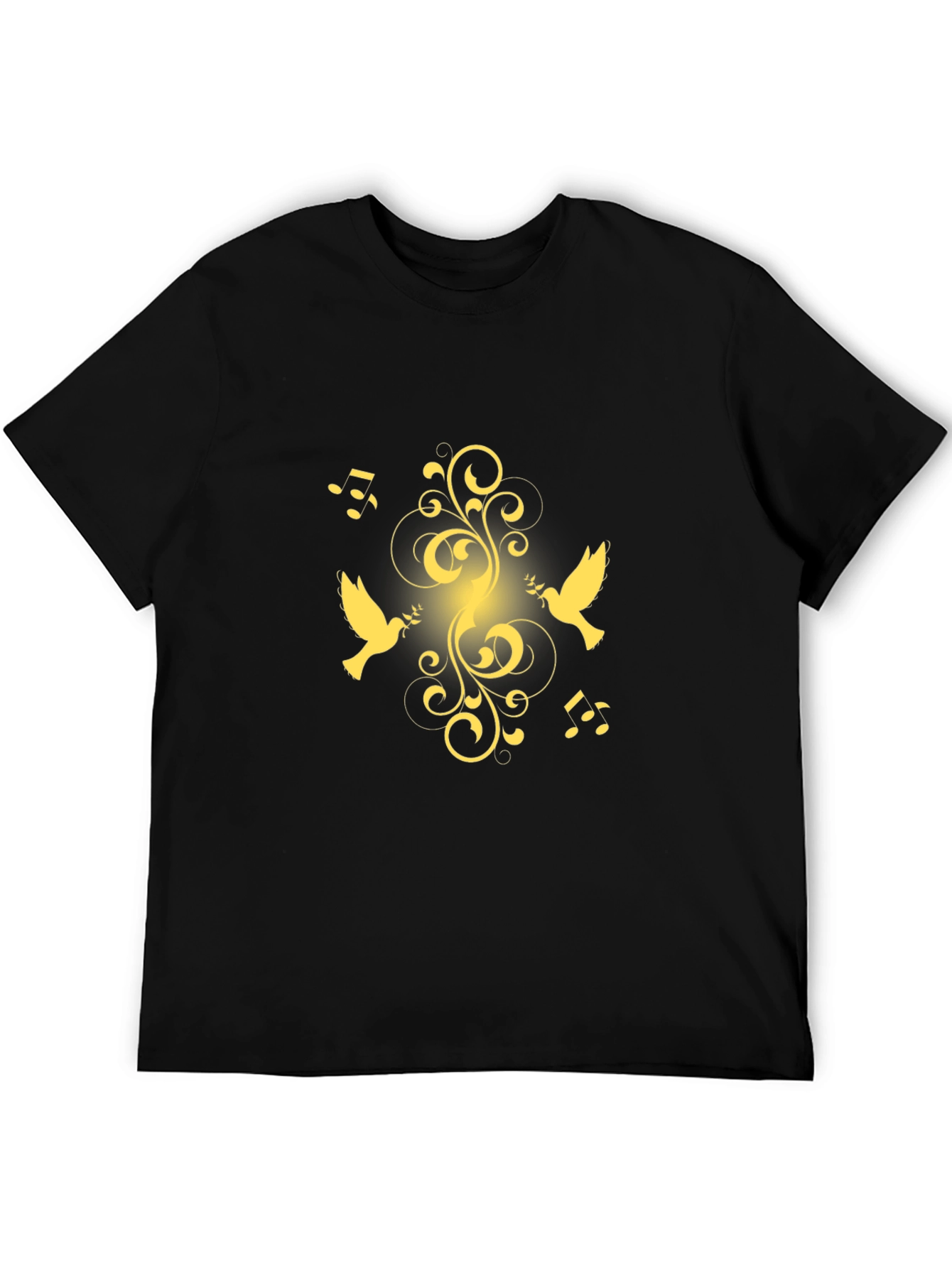 Black T-Shirt with Golden Dove and Music Design
