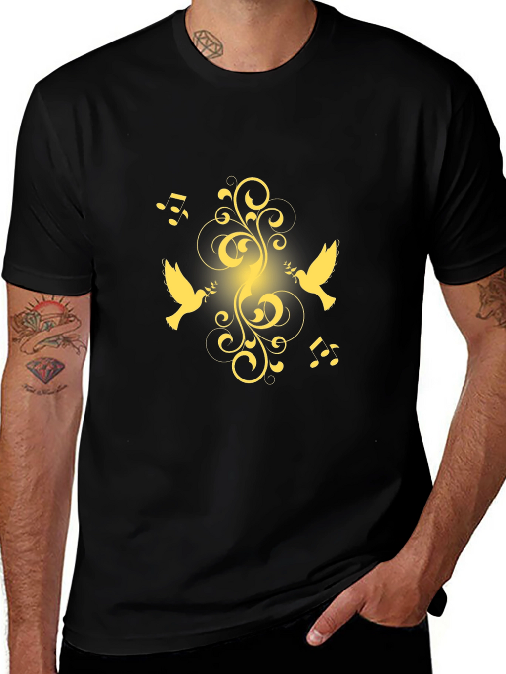 Black T-Shirt with Golden Dove and Music Design