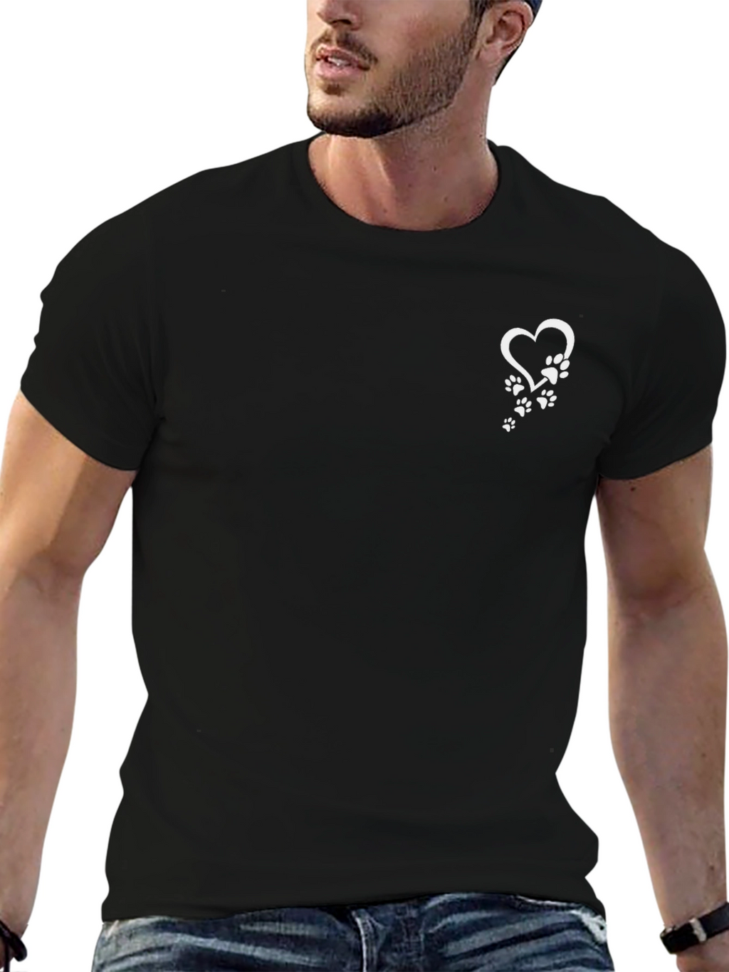 Heart Paw Print Mens Black T-Shirt