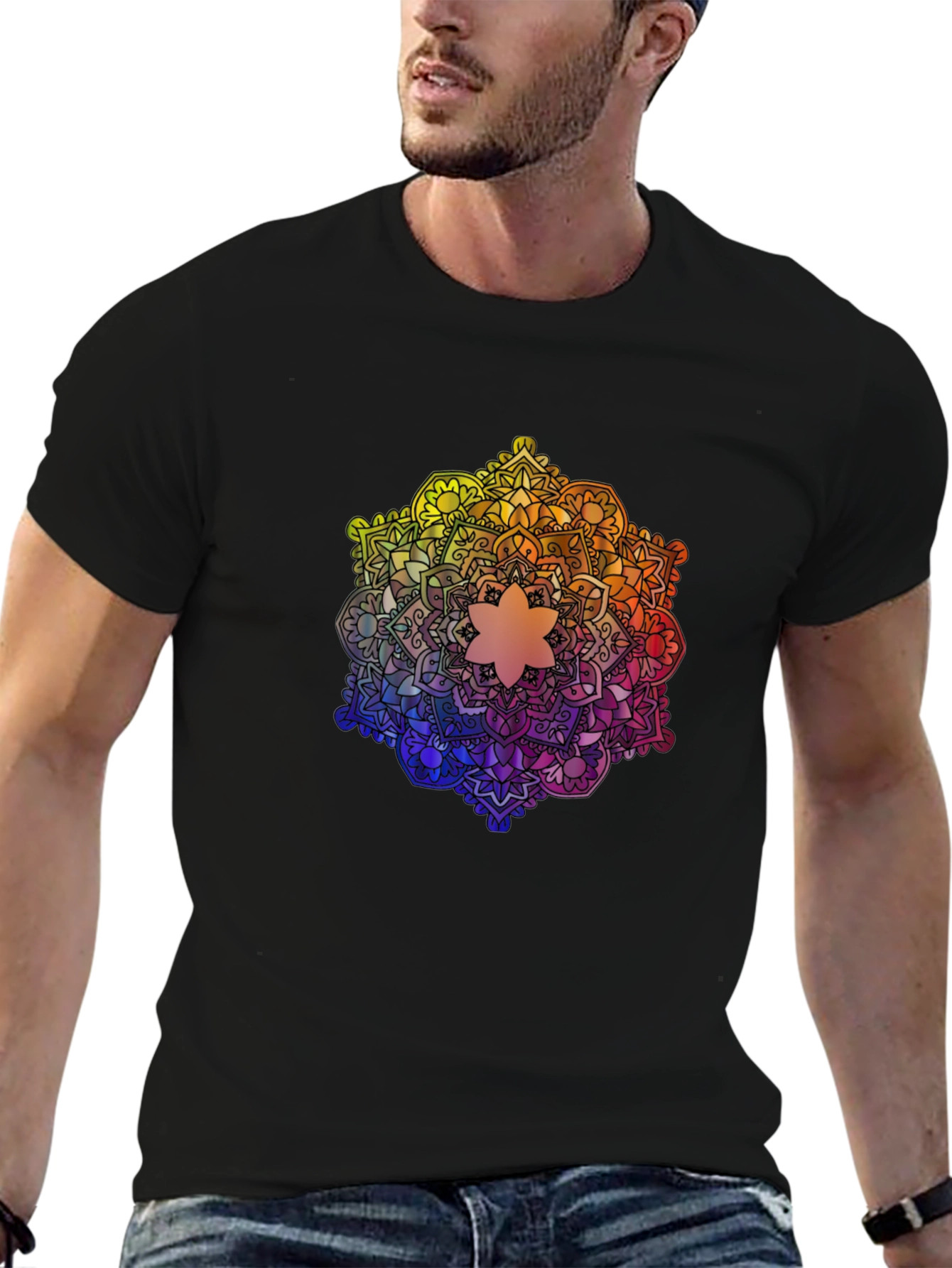Rainbow Mandala Graphic Tee - Black Cotton T-Shirt