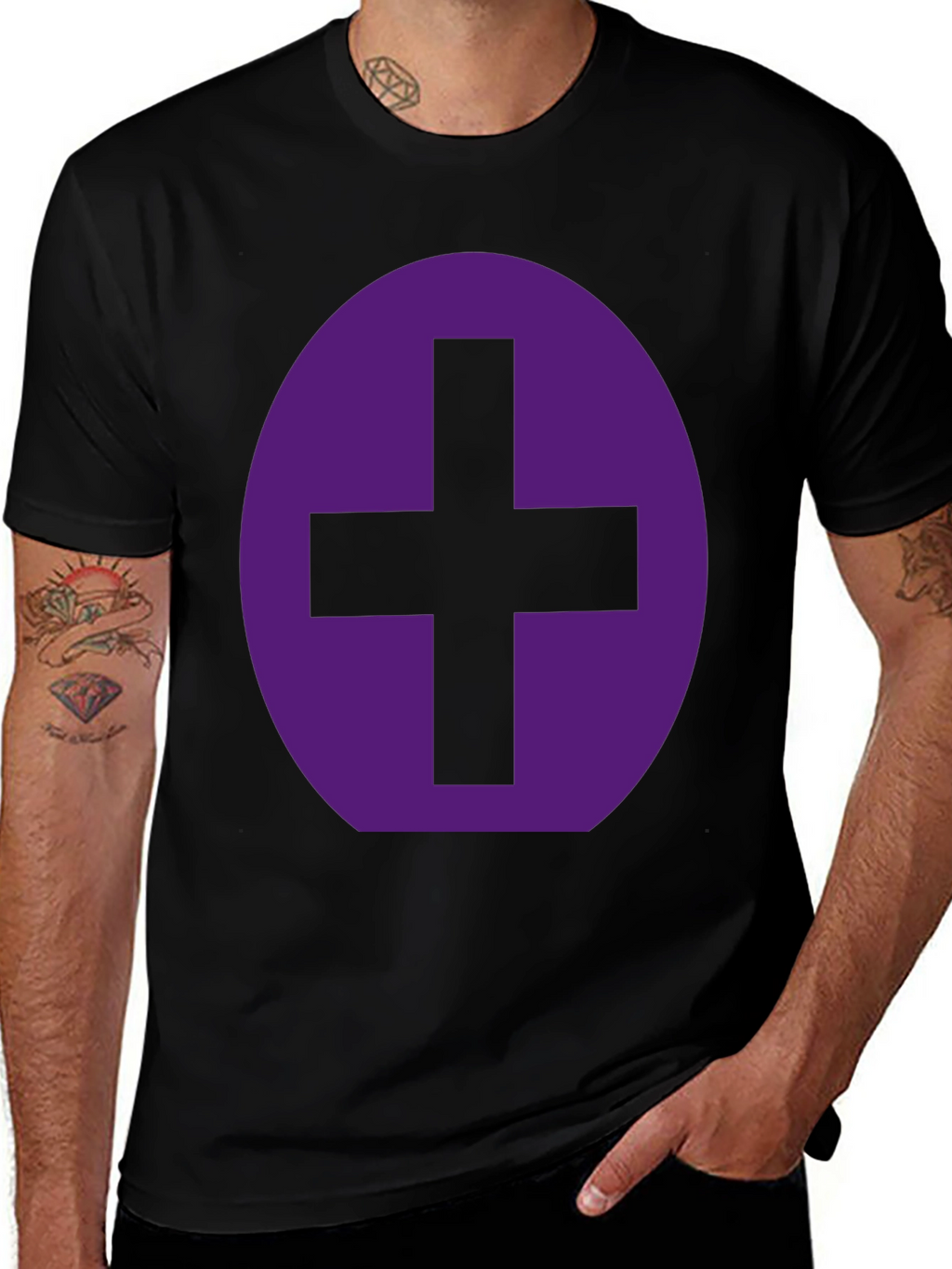 Purple Plus Sign Graphic Black T-Shirt