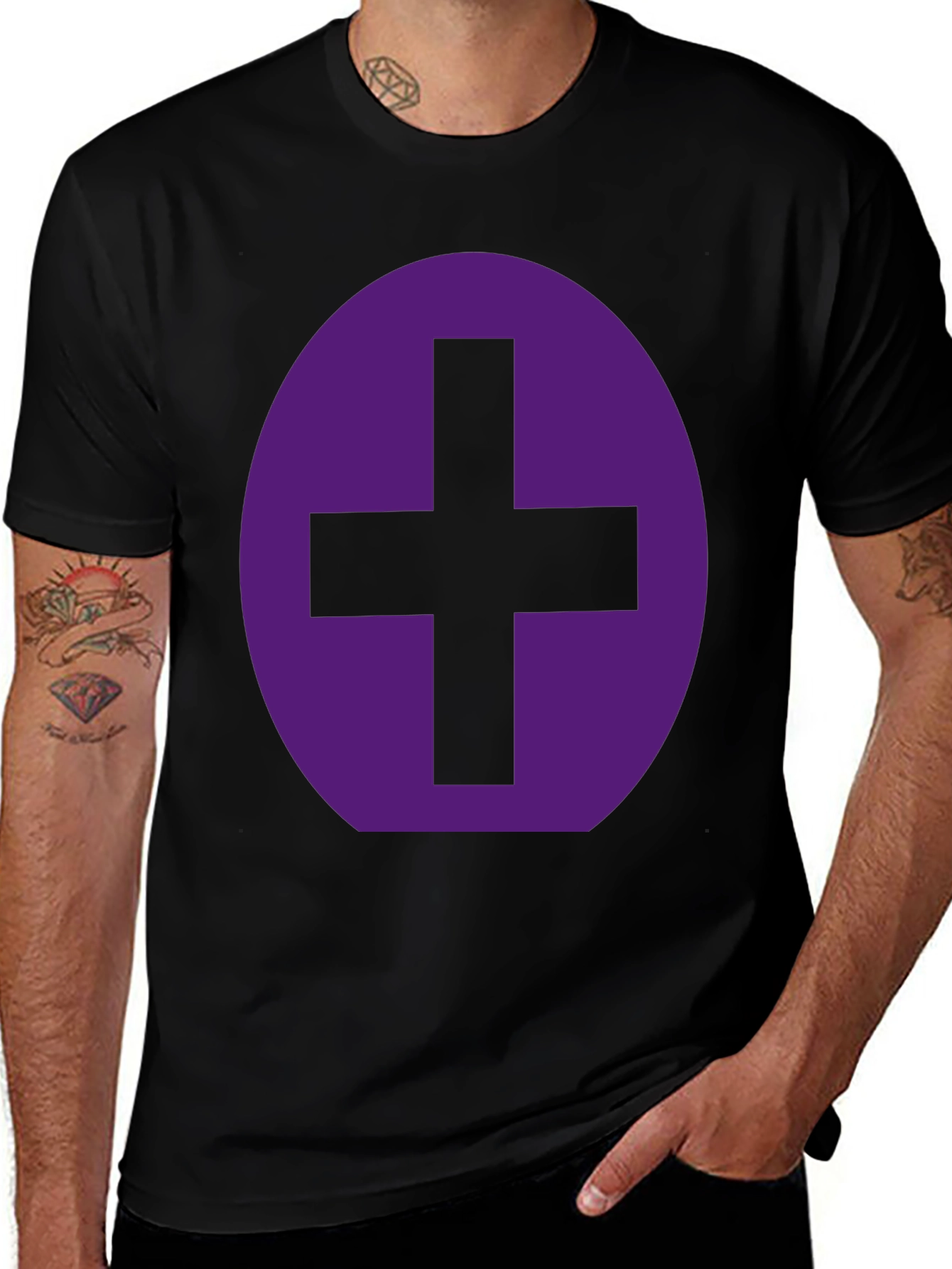 Purple Plus Sign Graphic Black T-Shirt