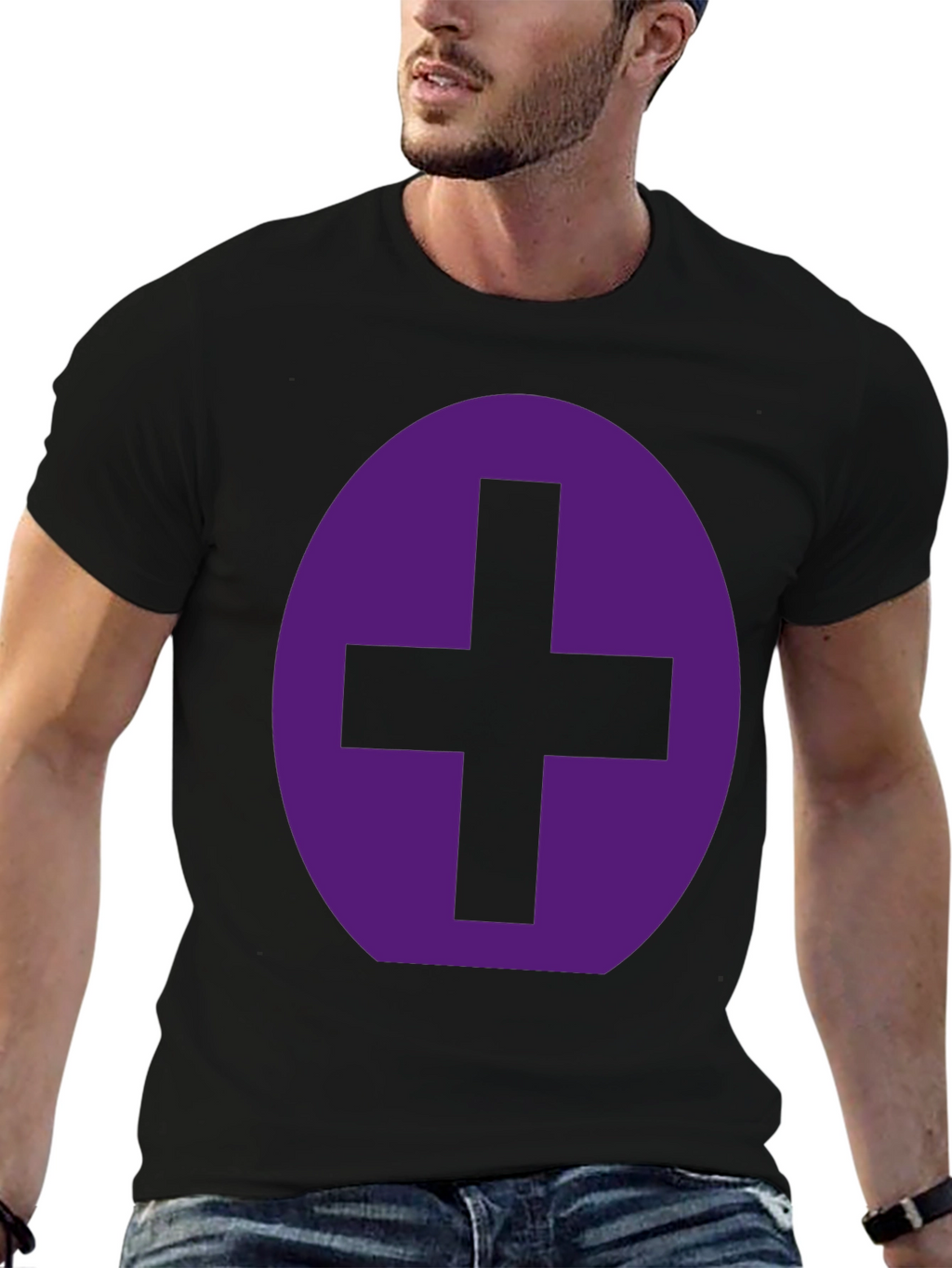 Purple Plus Sign Graphic Black T-Shirt