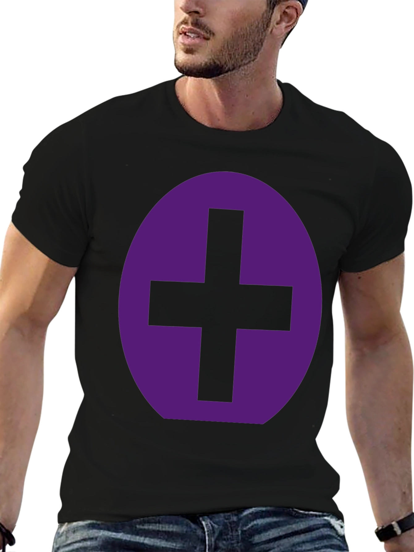 Purple Plus Sign Graphic Black T-Shirt