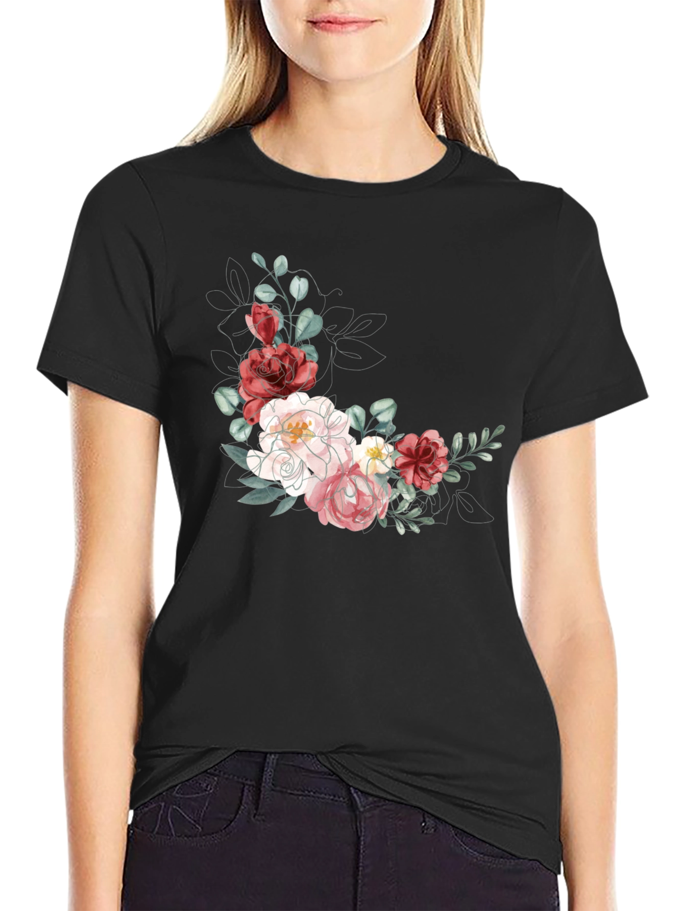 Floral T-Shirt: Elegant Flower Design Black Tee