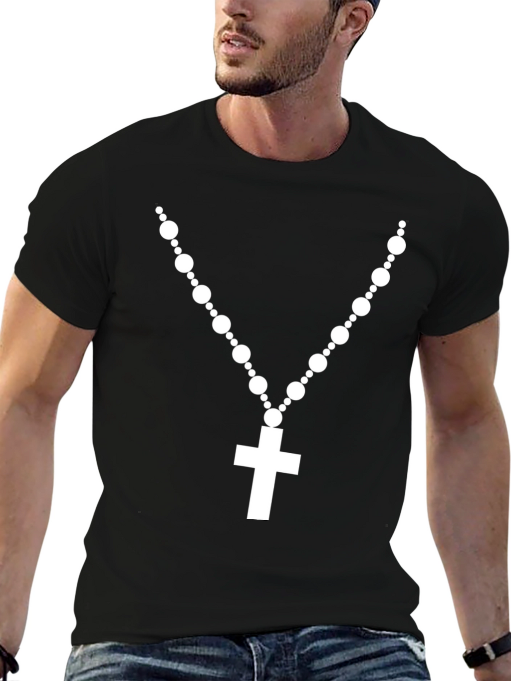 Rosary Cross Graphic T-Shirt - Black Crew Neck Tee