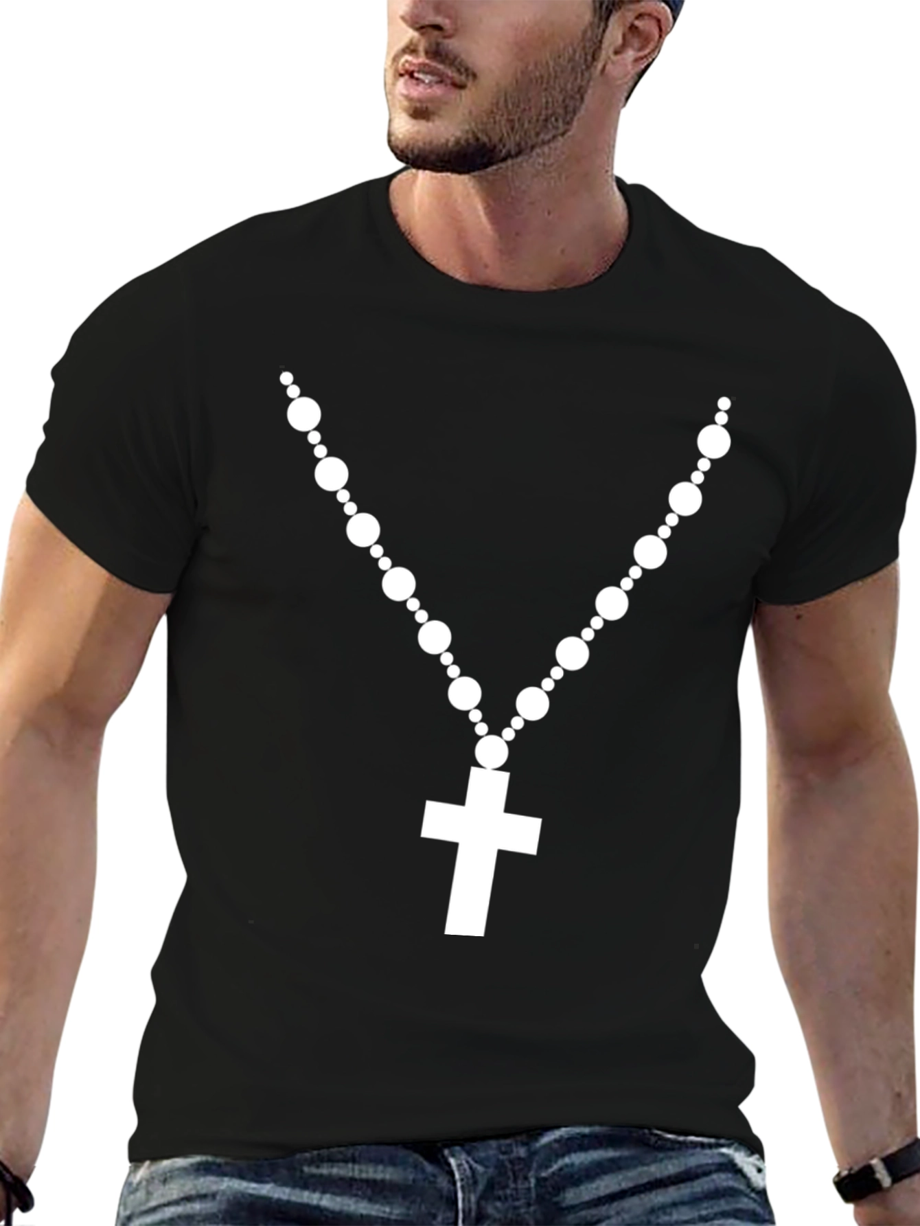 Rosary Cross Graphic T-Shirt - Black Crew Neck Tee