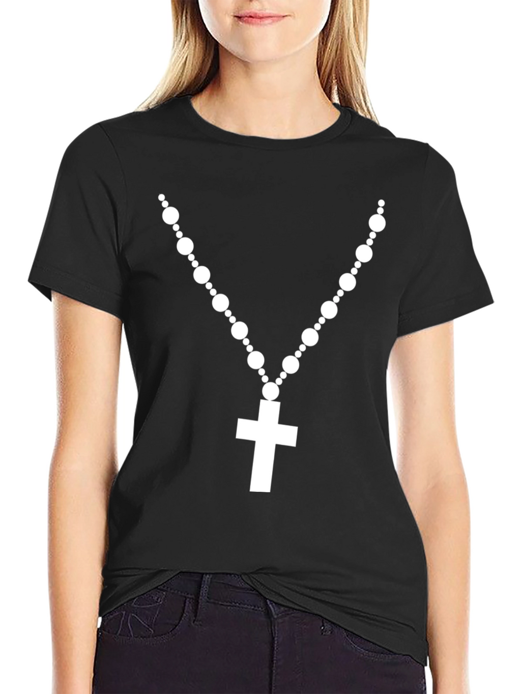 Rosary Cross Graphic T-Shirt - Black Crew Neck Tee