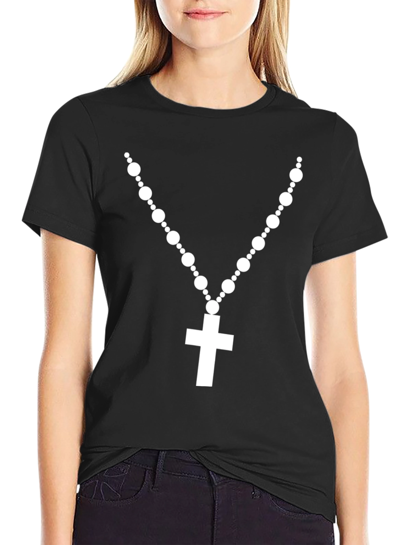 Rosary Cross Graphic T-Shirt - Black Crew Neck Tee