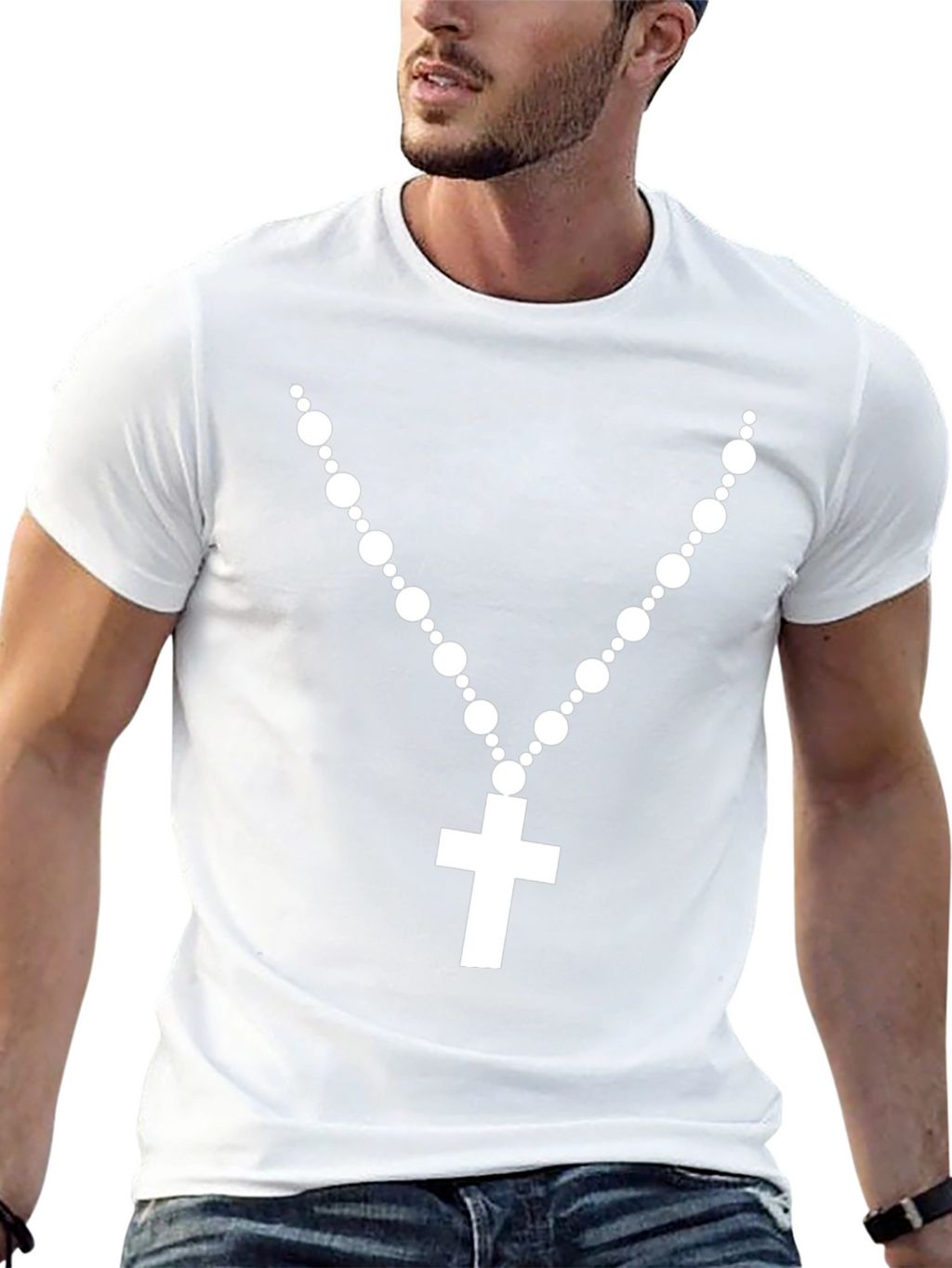 Rosary Cross Graphic T-Shirt - Black Crew Neck Tee