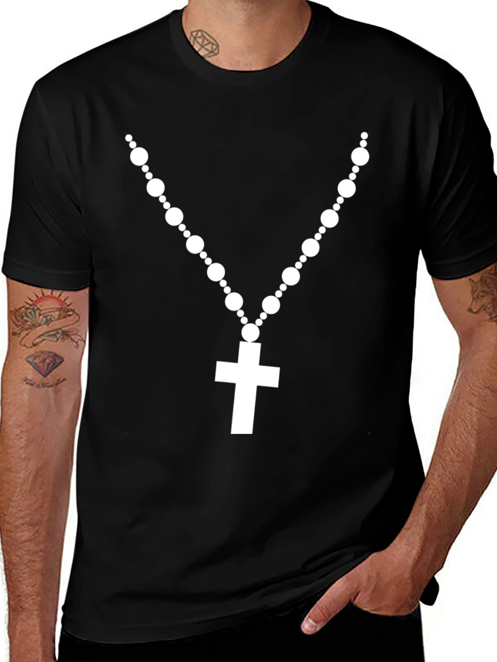 Rosary Cross Graphic T-Shirt - Black Crew Neck Tee