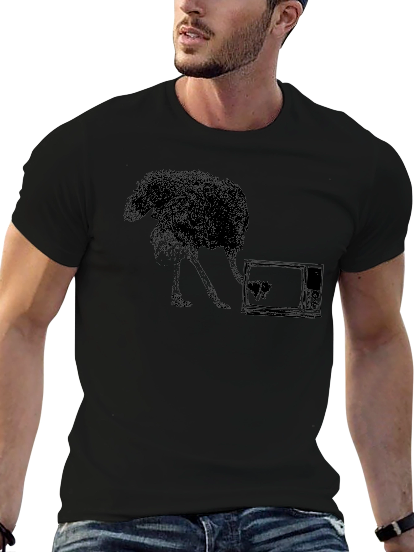 Ostrich TV Black T-Shirt - Unique Graphic Tee