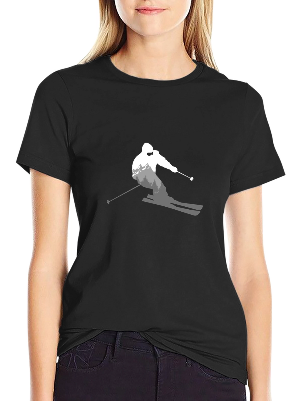 Stylish Skier Graphic T-Shirt - Black