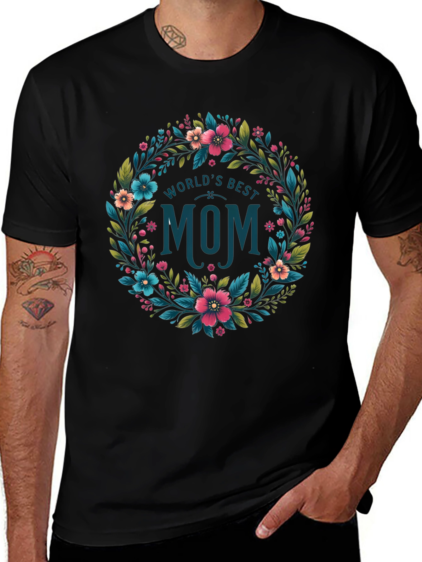 Worlds Best Mom Floral Wreath T-Shirt - Black