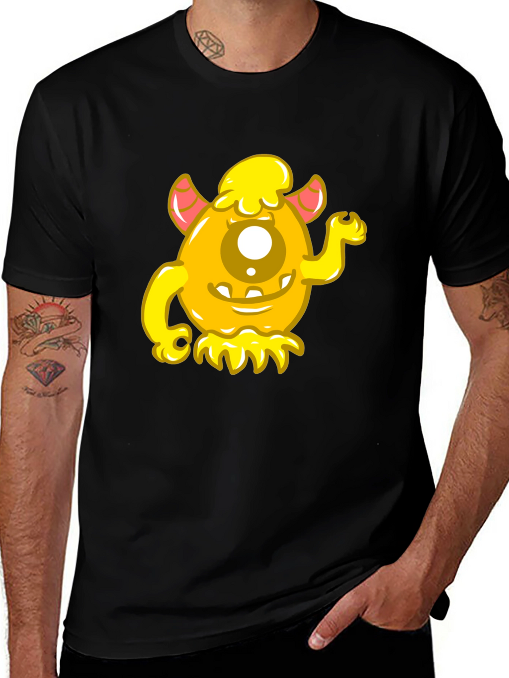 Funny Yellow Monster Graphic Tee - Black Cotton Shirt