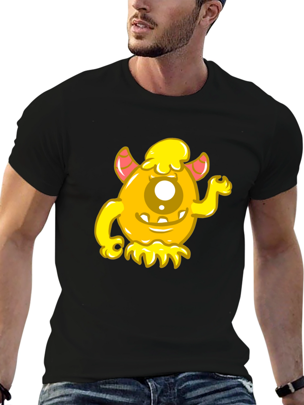 Funny Yellow Monster Graphic Tee - Black Cotton Shirt