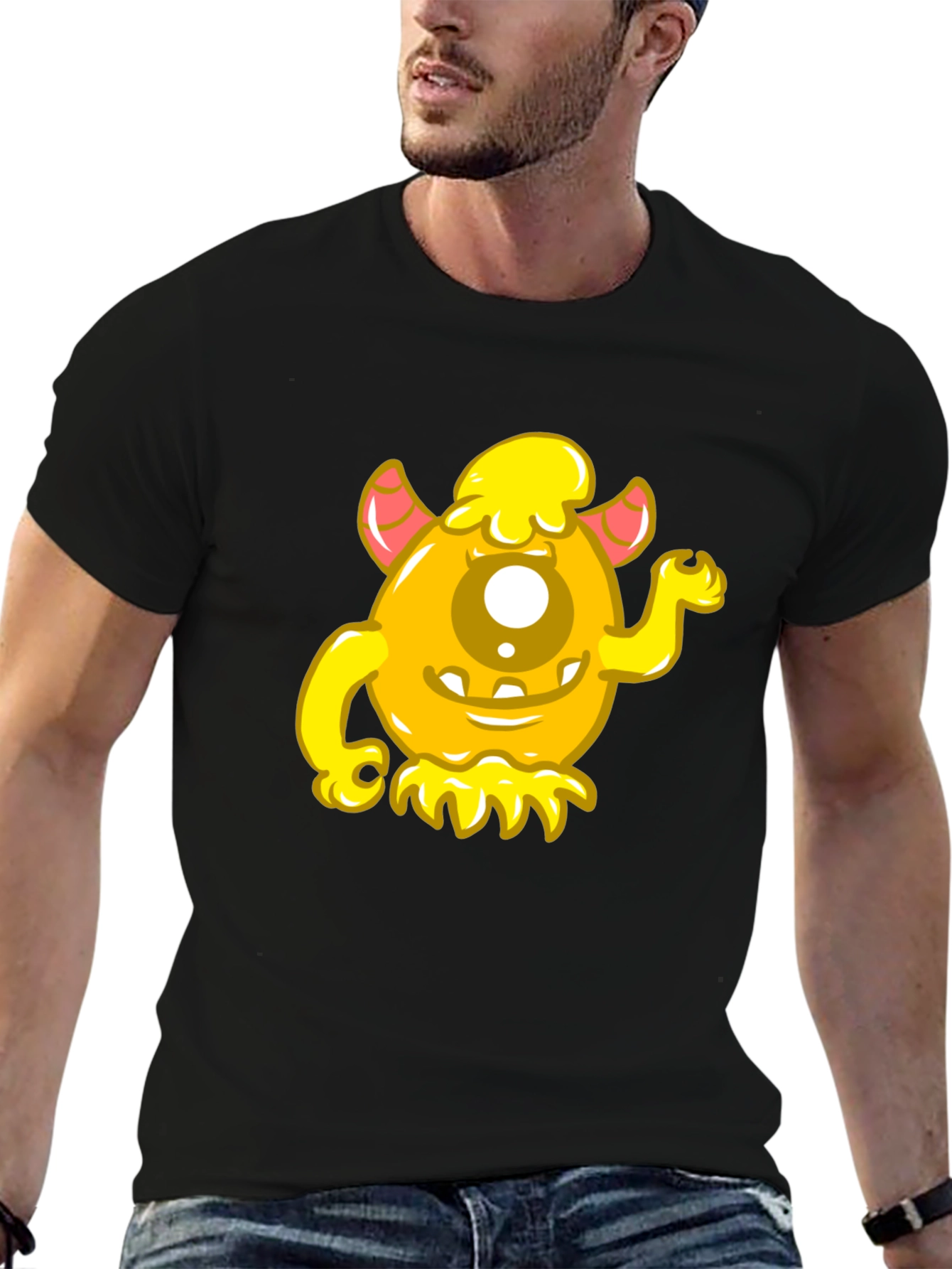 Funny Yellow Monster Graphic Tee - Black Cotton Shirt