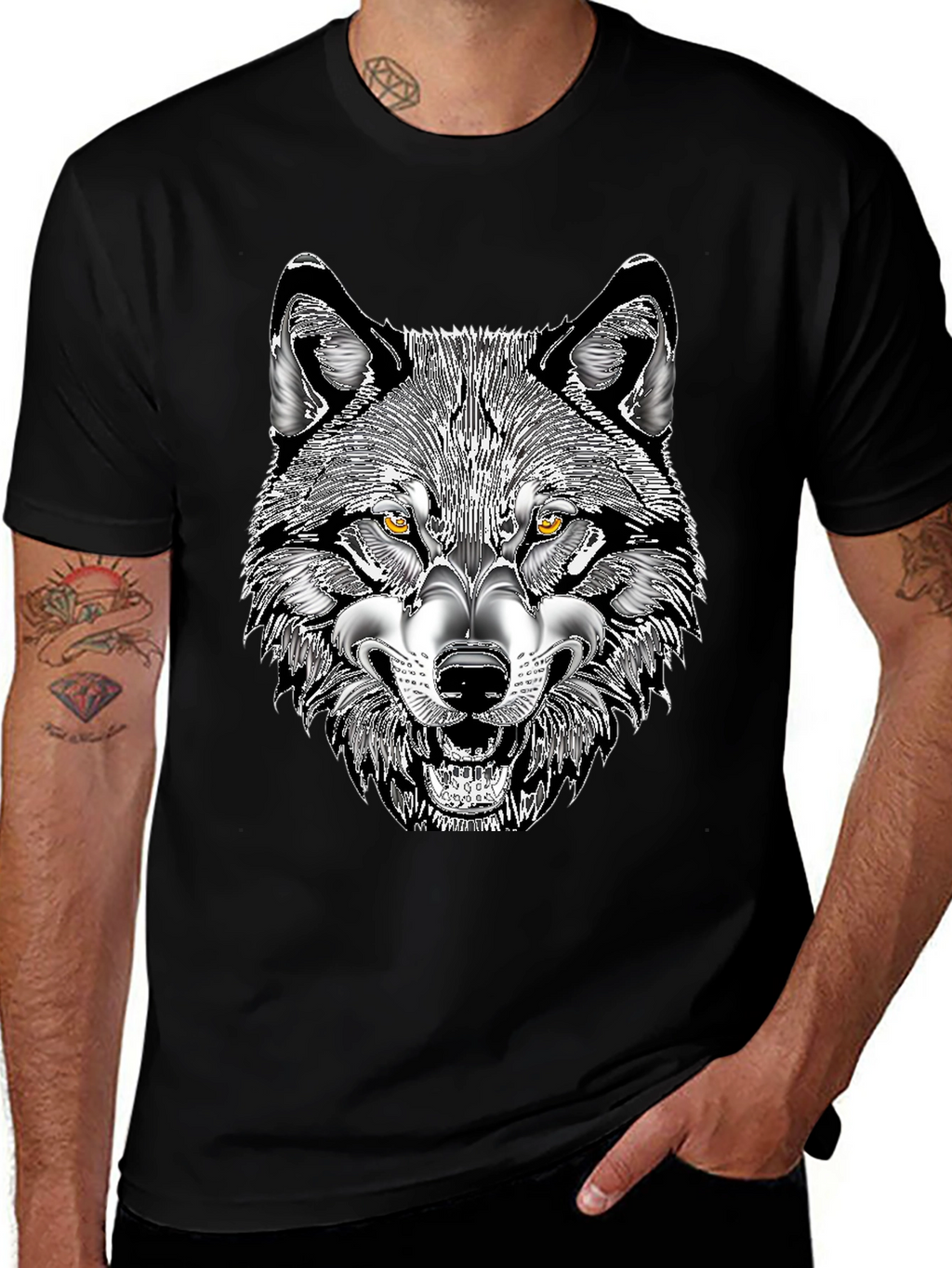 Mens Black T-Shirt with Wolf Graphic Print
