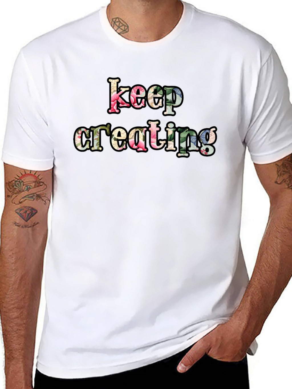 Keep Creating Floral Letter Black T-Shirt