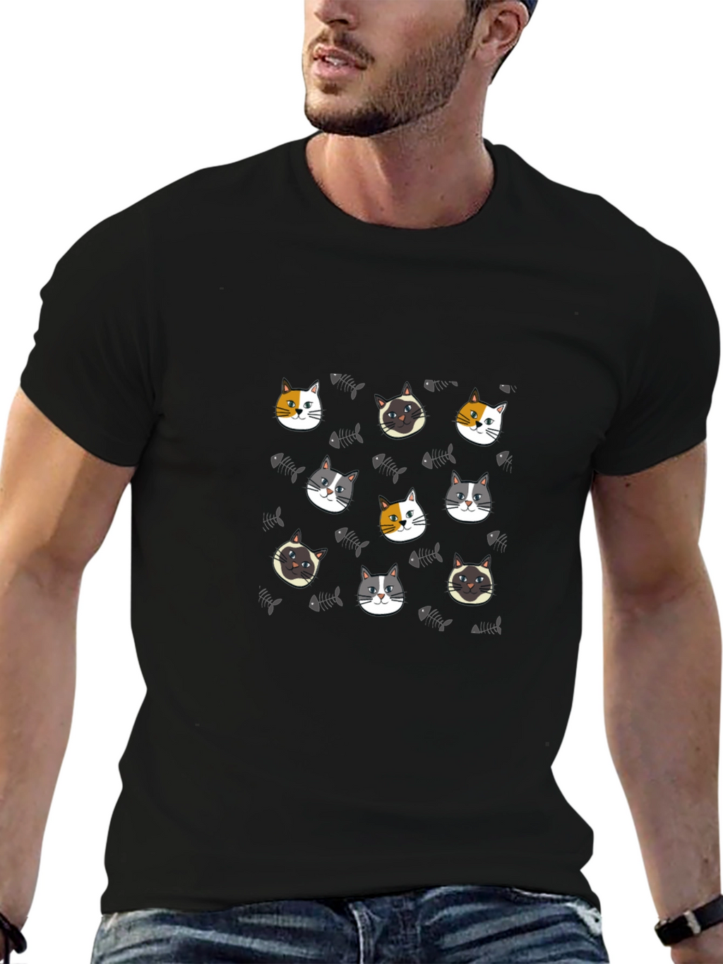 Cute Cat Faces Pattern Black T-Shirt