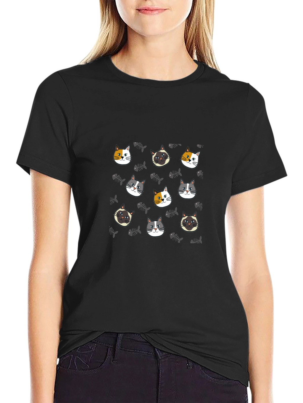 Cute Cat Faces Pattern Black T-Shirt