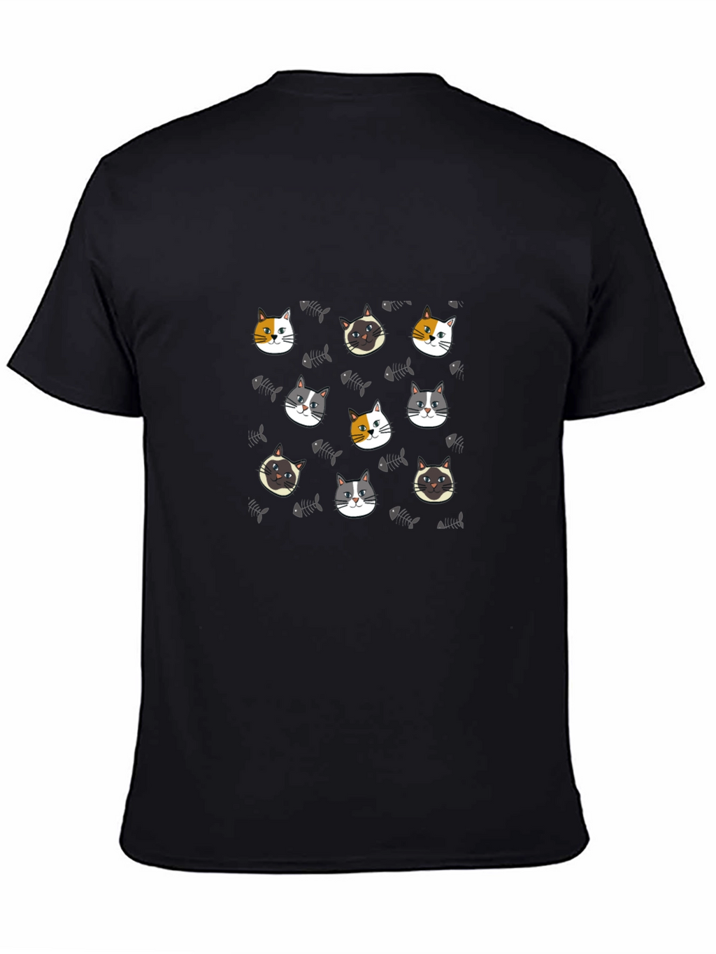 Cute Cat Faces Pattern Black T-Shirt
