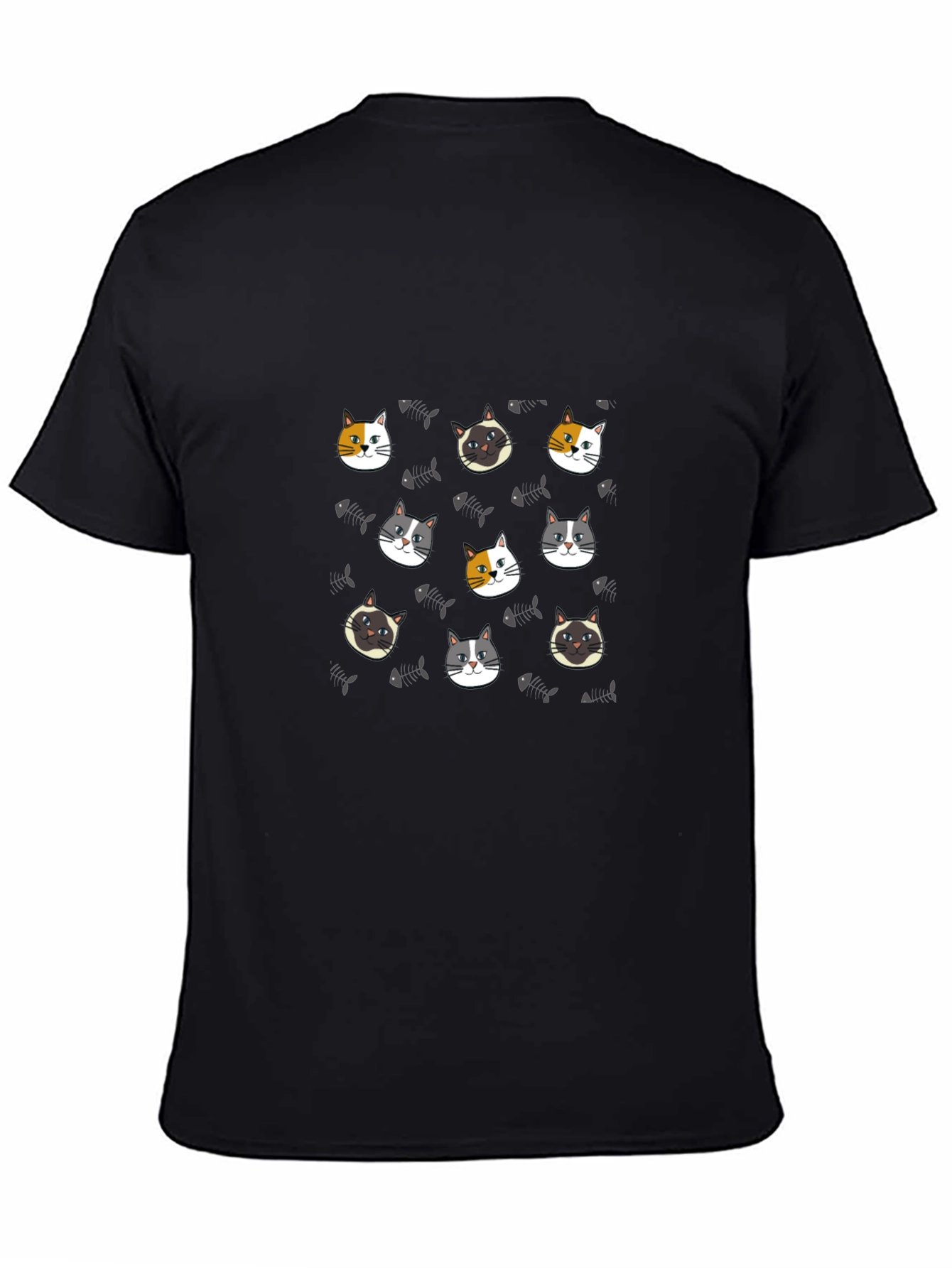 Cute Cat Faces Pattern Black T-Shirt