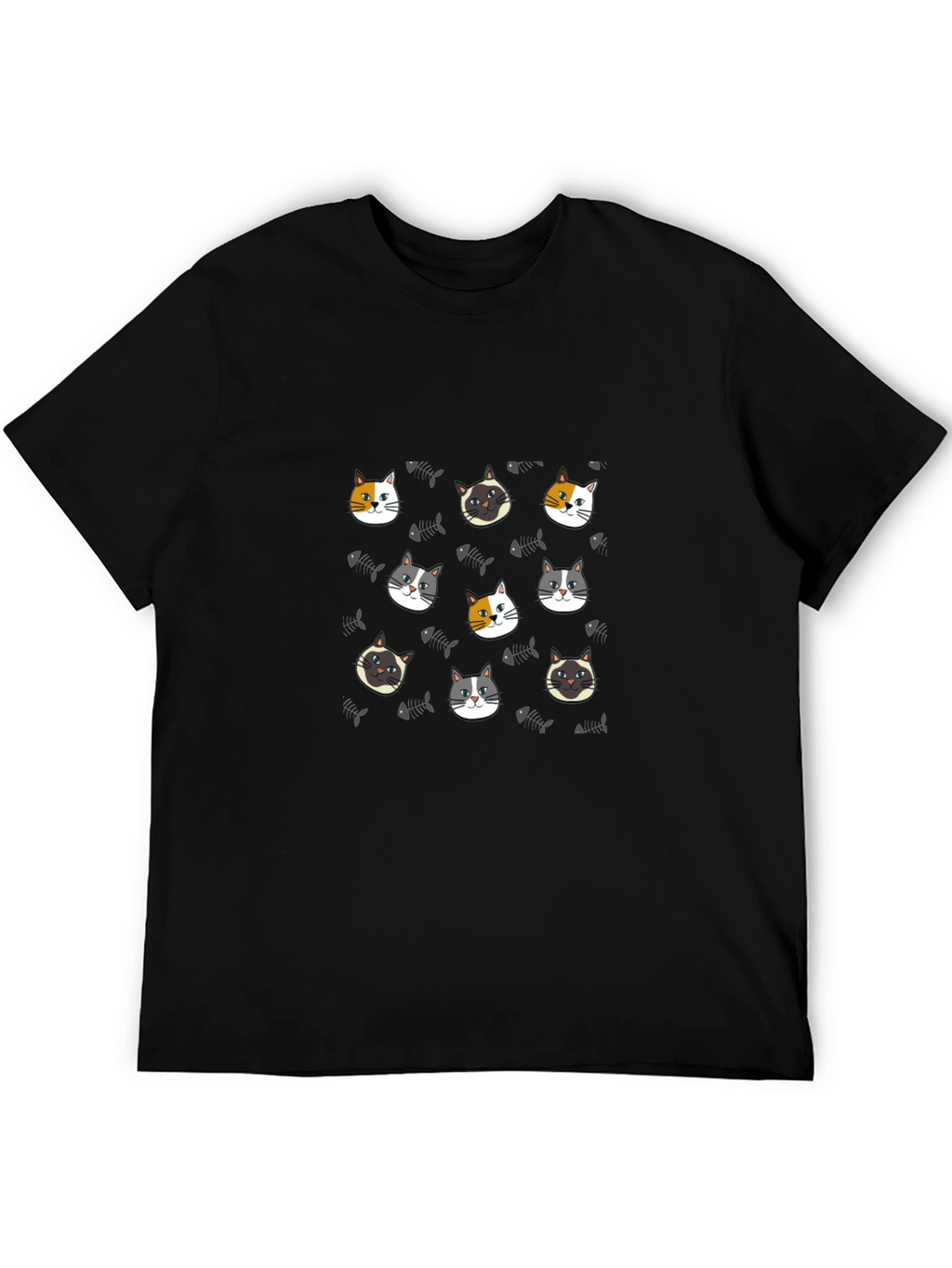 Cute Cat Faces Pattern Black T-Shirt