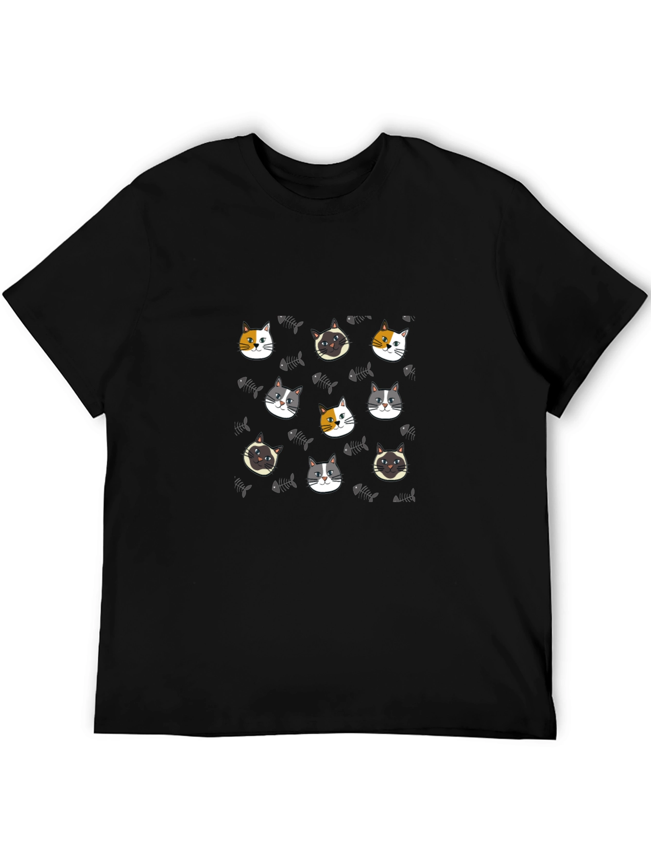 Cute Cat Faces Pattern Black T-Shirt