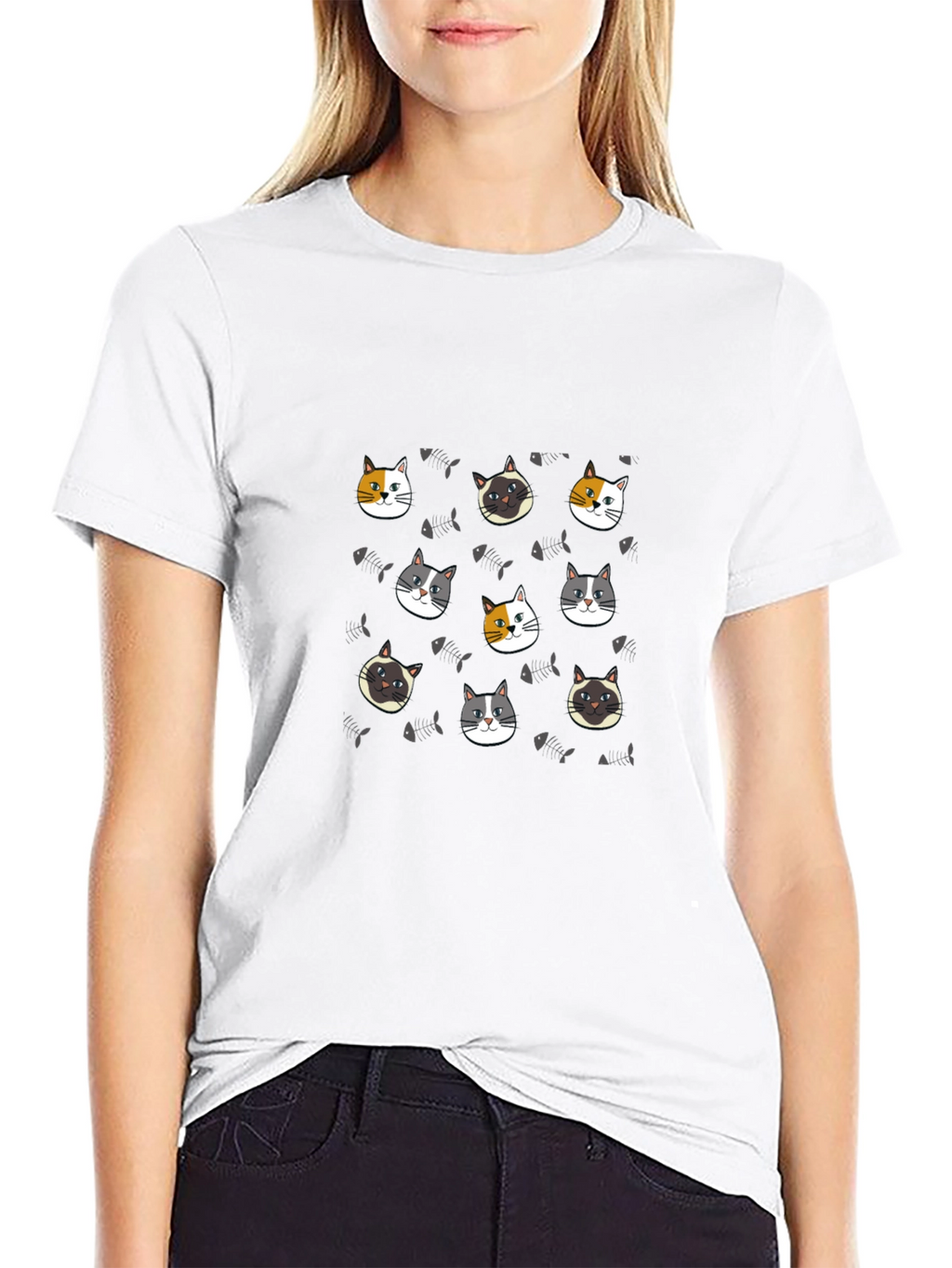 Cute Cat Faces Pattern Black T-Shirt